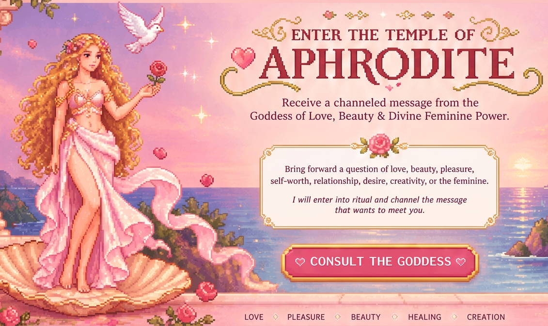 Pixel art banner: Enter the Temple of Aphrodite — the goddess stands on a seashell holding a rose beside a white dove over the sea, with the invitation to receive a channeled message
